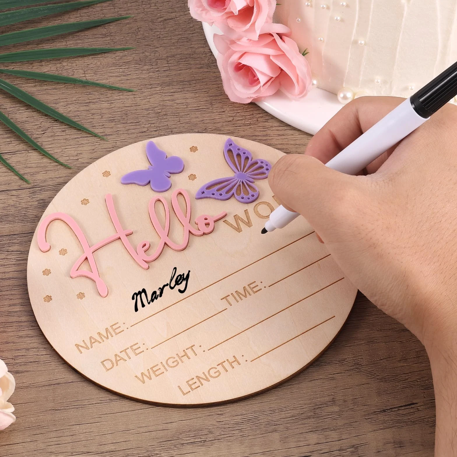 lasuroa Znak Ogłoszenia Dziecka, 15cm Drewniany Hello World Znak Powitalny Noworodka Tabliczki z Imieniem Dziecka na Baby Shower Szpitala Pokoju Dziecięcego na Prezent Fotograficzny (Motyl)