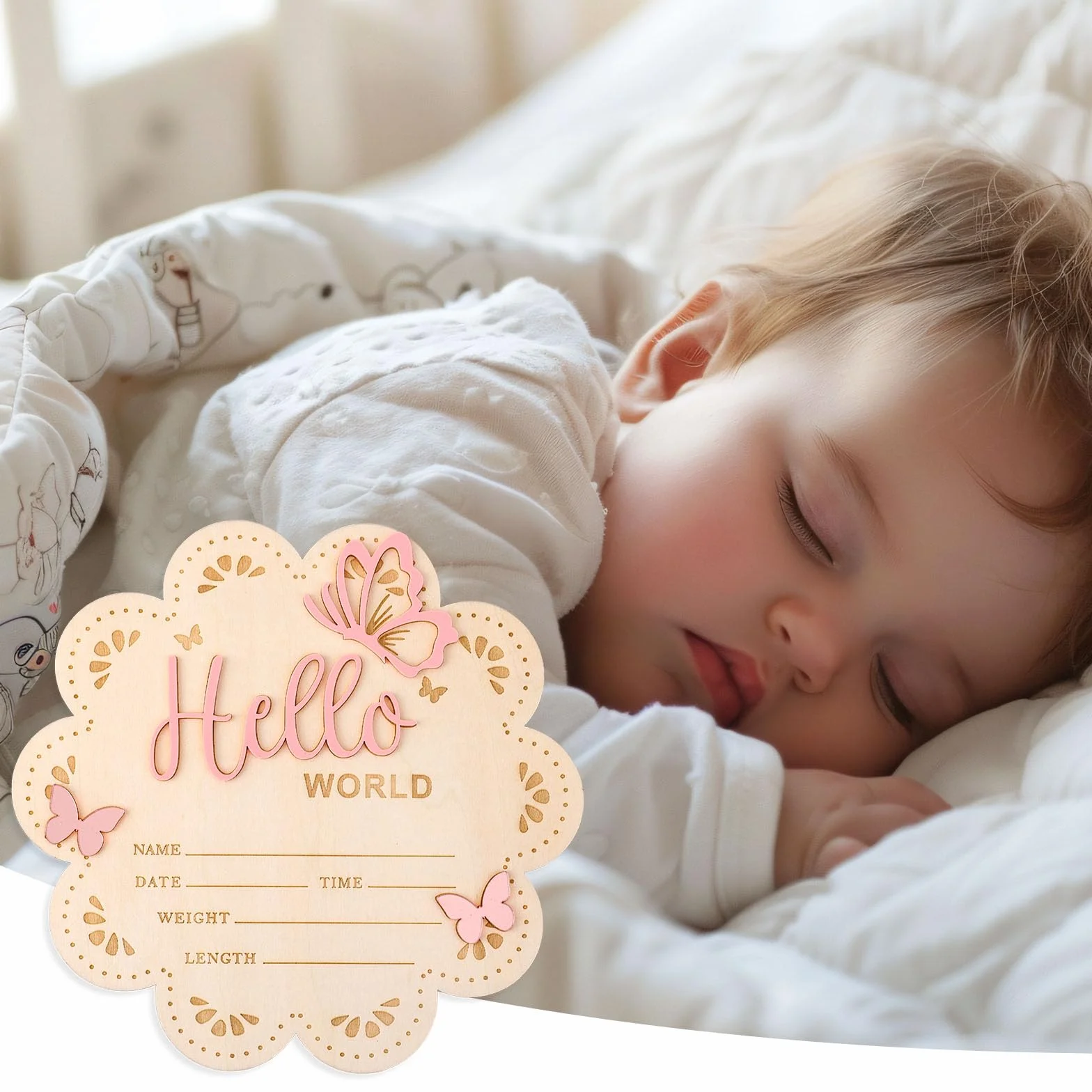 NQEUEPN Znak Ogłoszenia Noworodka, 15,5cm Drewniany Znak Hello World dla Nowonarodzonych Chłopców i Dziewcząt Rekwizyty do Zdjęć Baby Shower Przedszkole Szpitalne (Różowy)
