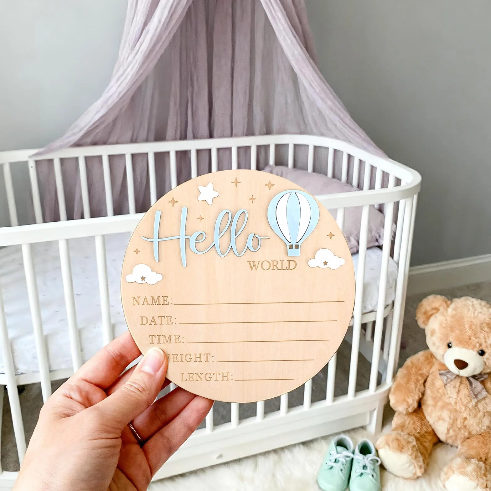 Tabliczka Ogłoszeniem Narodzinach Noworodka, 15cm Tabliczka Napisem Hello World Trójwymiarowymi Balonami Ogrzane Powietrze Chmurami Gwiazdkami Dekoracja Pokoju Dziecięcego Rekwizyty Zdjęć