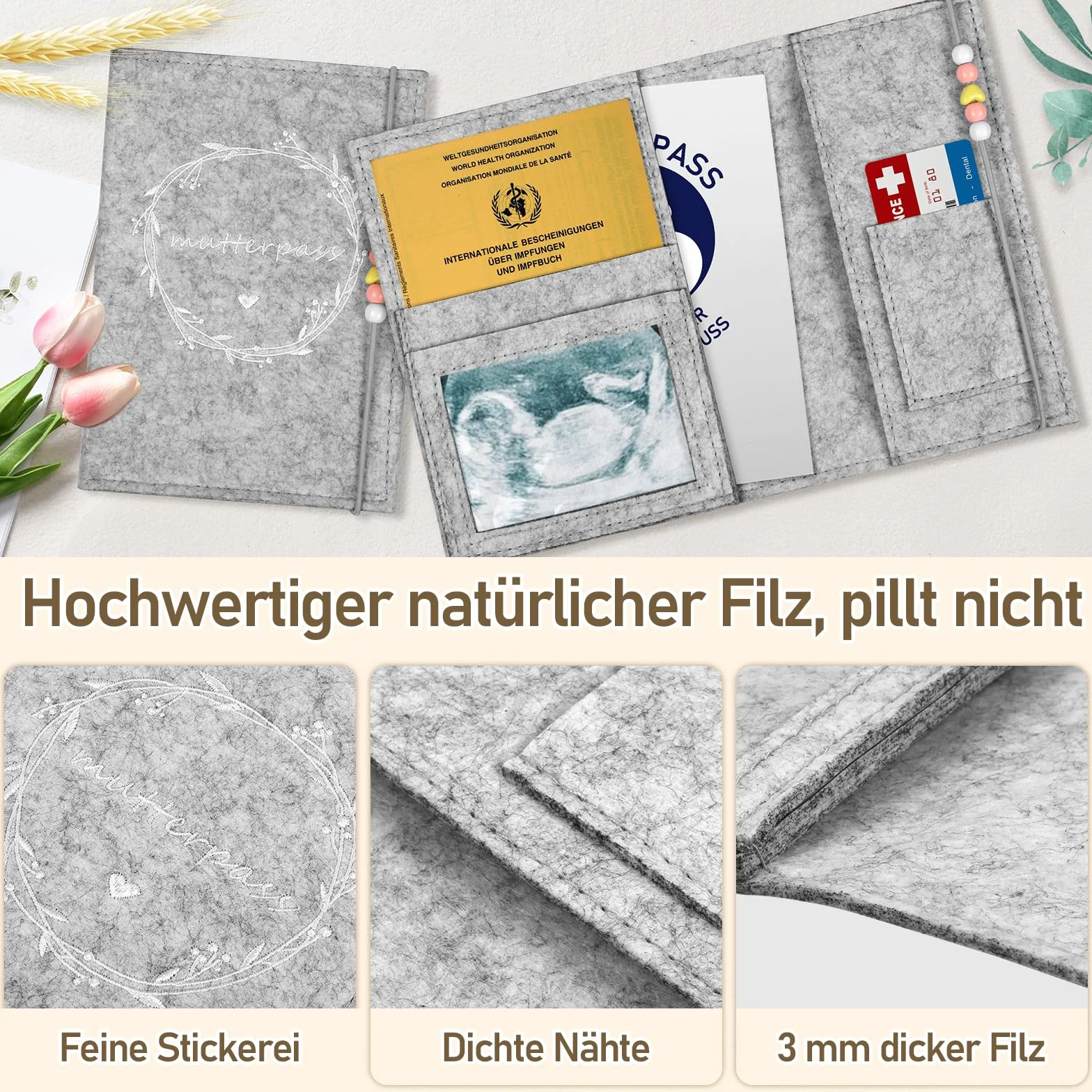 Etui na kartę ciąży, filcowe etui ochronne z przegródkami, etui na kartę ciąży, tęczowe etui na kartę ciąży, organizer do przechowywania kart ubezpieczeniowych, kart szczepień, zdjęć