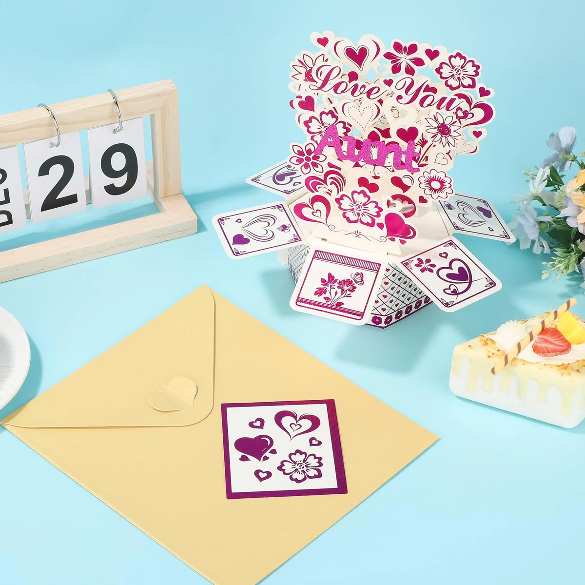 Kartka Pop-Up Love You, 3D Kartka Pop-Up Wszystkiego Najlepszego z Okazji Urodzin z Kopertą i Kartkami Okolicznościowymi Romantyczny Wzór Serca i Kwiatów dla Rodzina (Ciocia)