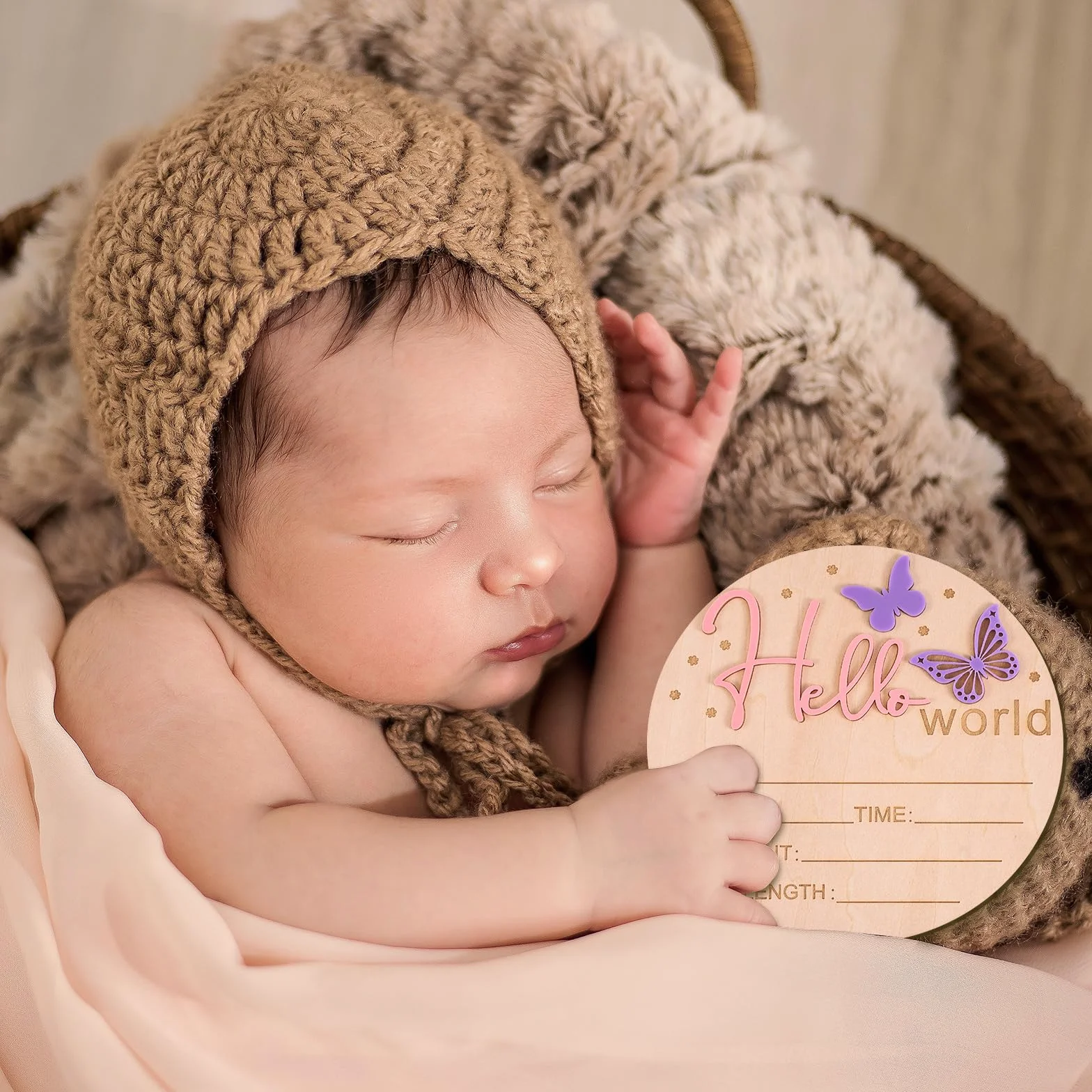lasuroa Znak Ogłoszenia Dziecka, 15cm Drewniany Hello World Znak Powitalny Noworodka Tabliczki z Imieniem Dziecka na Baby Shower Szpitala Pokoju Dziecięcego na Prezent Fotograficzny (Motyl)
