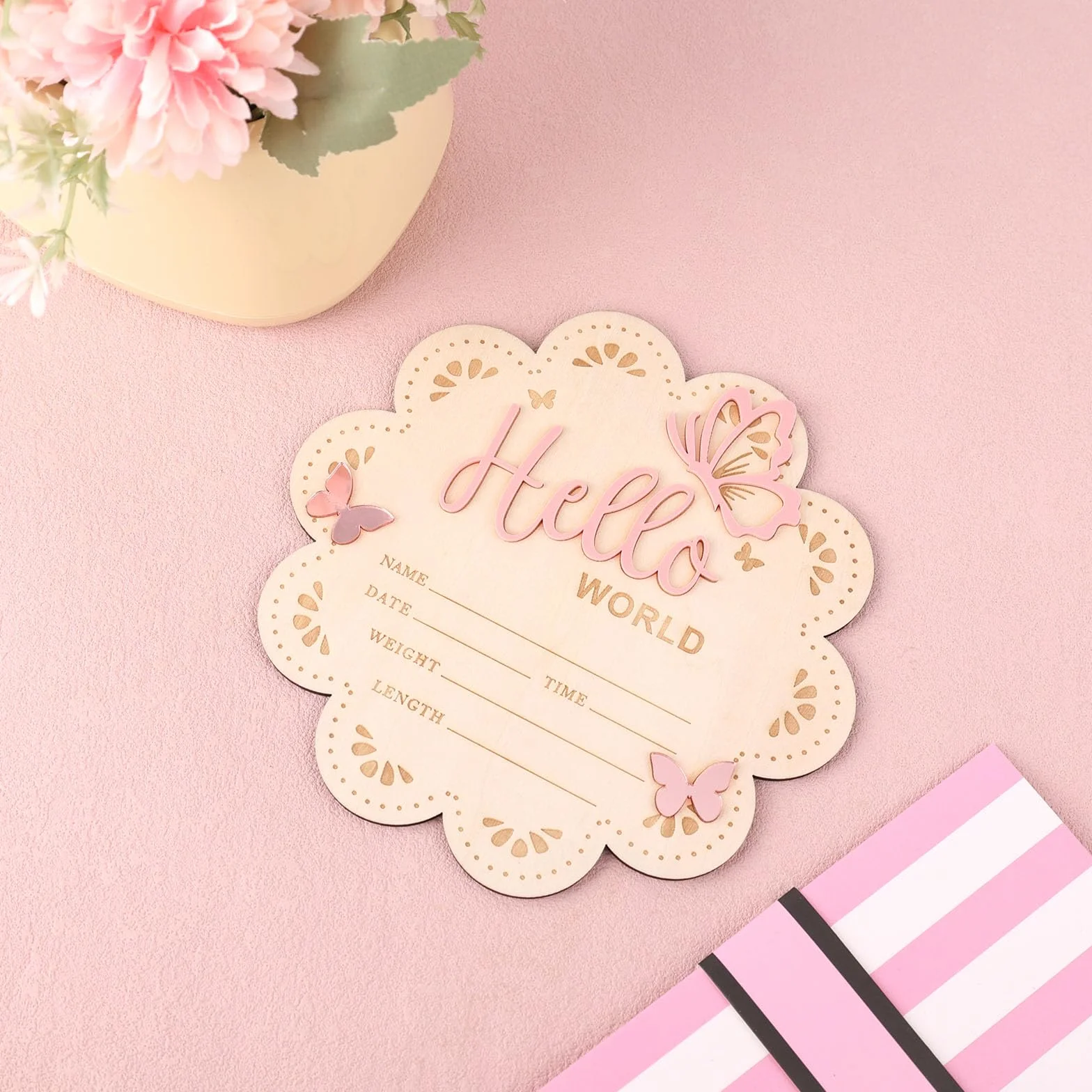 NQEUEPN Znak Ogłoszenia Noworodka, 15,5cm Drewniany Znak Hello World dla Nowonarodzonych Chłopców i Dziewcząt Rekwizyty do Zdjęć Baby Shower Przedszkole Szpitalne (Różowy)