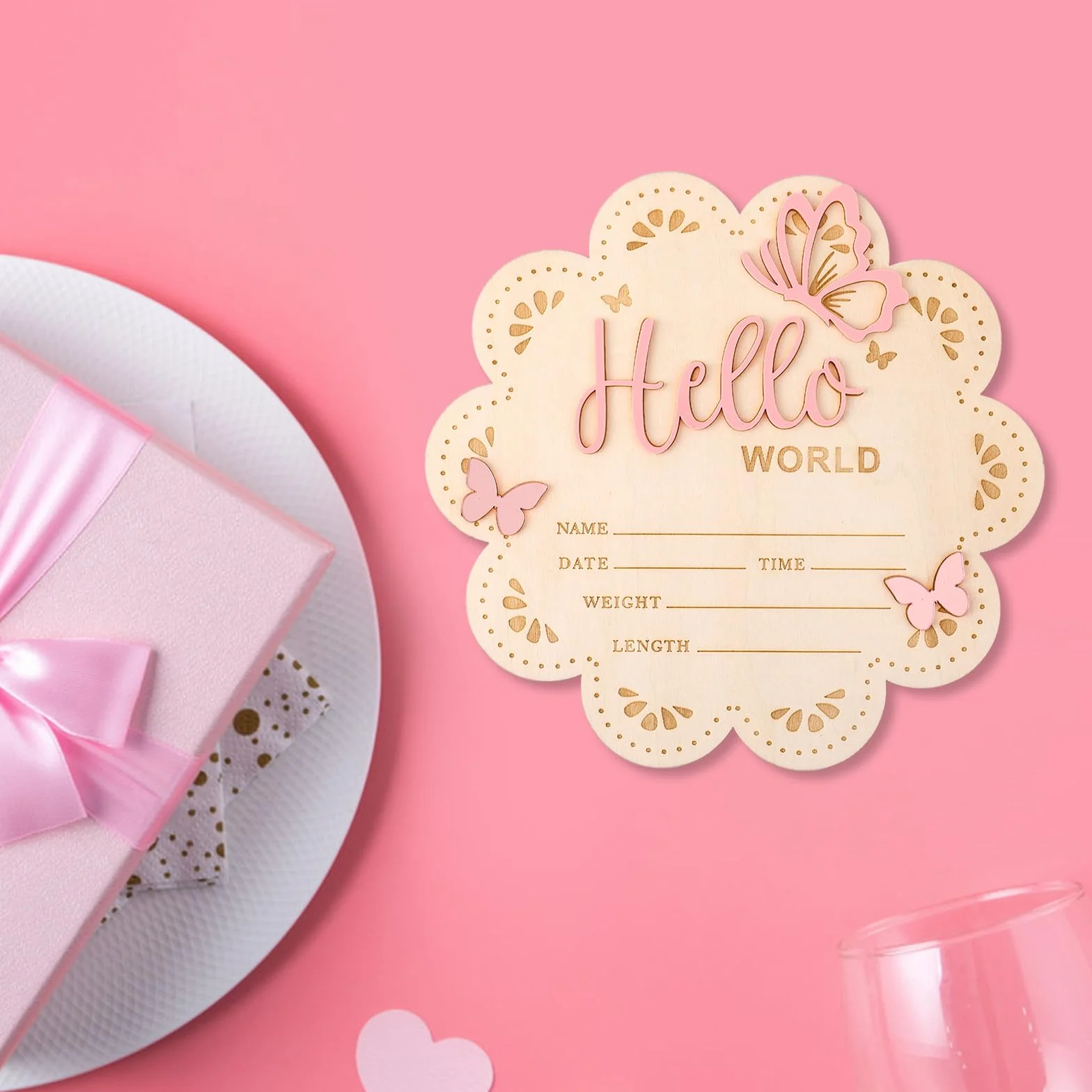 NQEUEPN Znak Ogłoszenia Noworodka, 15,5cm Drewniany Znak Hello World dla Nowonarodzonych Chłopców i Dziewcząt Rekwizyty do Zdjęć Baby Shower Przedszkole Szpitalne (Różowy)