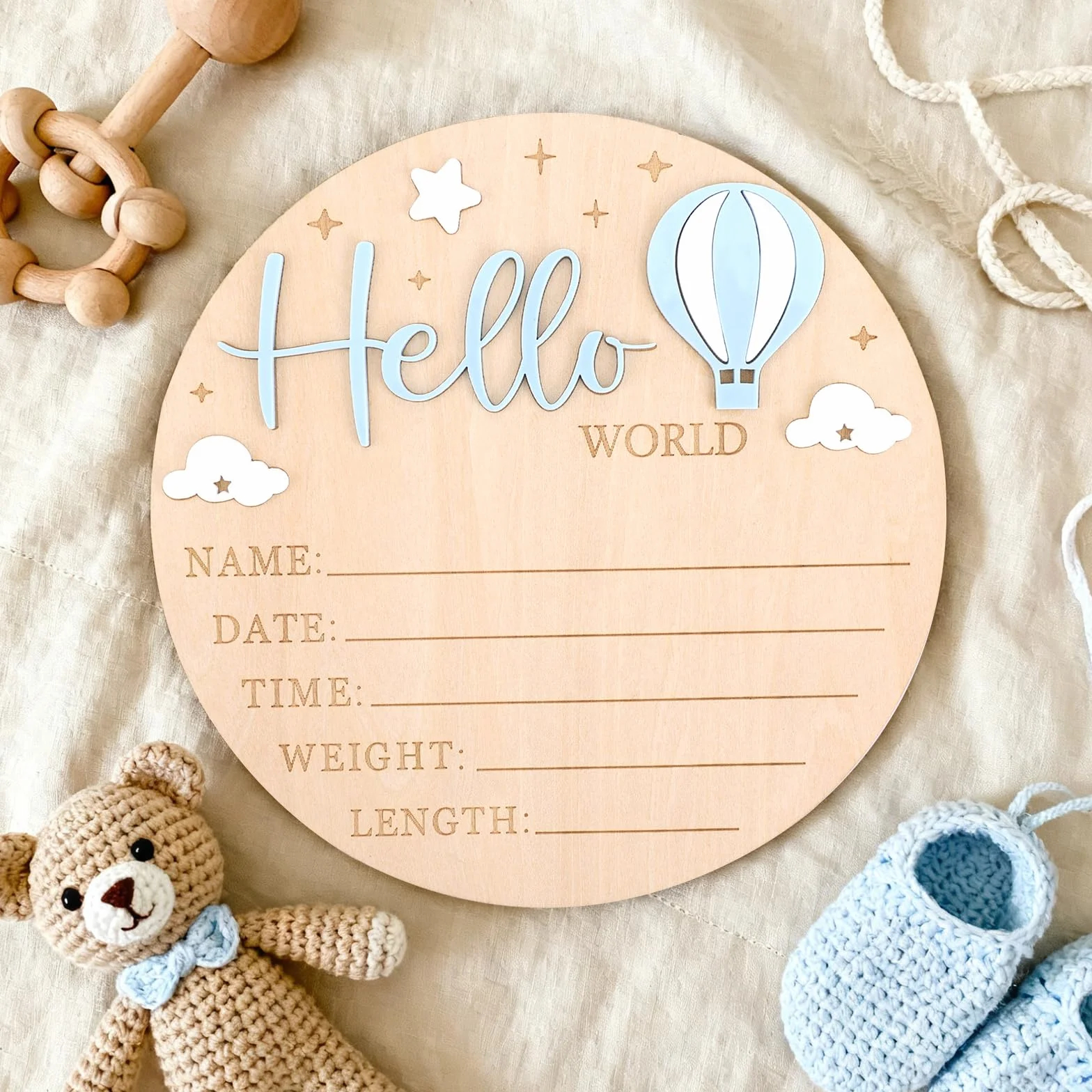 Tabliczka Ogłoszeniem Narodzinach Noworodka, 15cm Tabliczka Napisem Hello World Trójwymiarowymi Balonami Ogrzane Powietrze Chmurami Gwiazdkami Dekoracja Pokoju Dziecięcego Rekwizyty Zdjęć