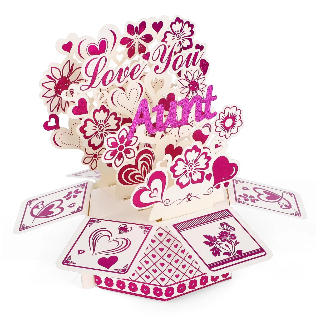 Kartka Pop-Up Love You, 3D Kartka Pop-Up Wszystkiego Najlepszego z Okazji Urodzin z Kopertą i Kartkami Okolicznościowymi Romantyczny Wzór Serca i Kwiatów dla Rodzina (Ciocia)