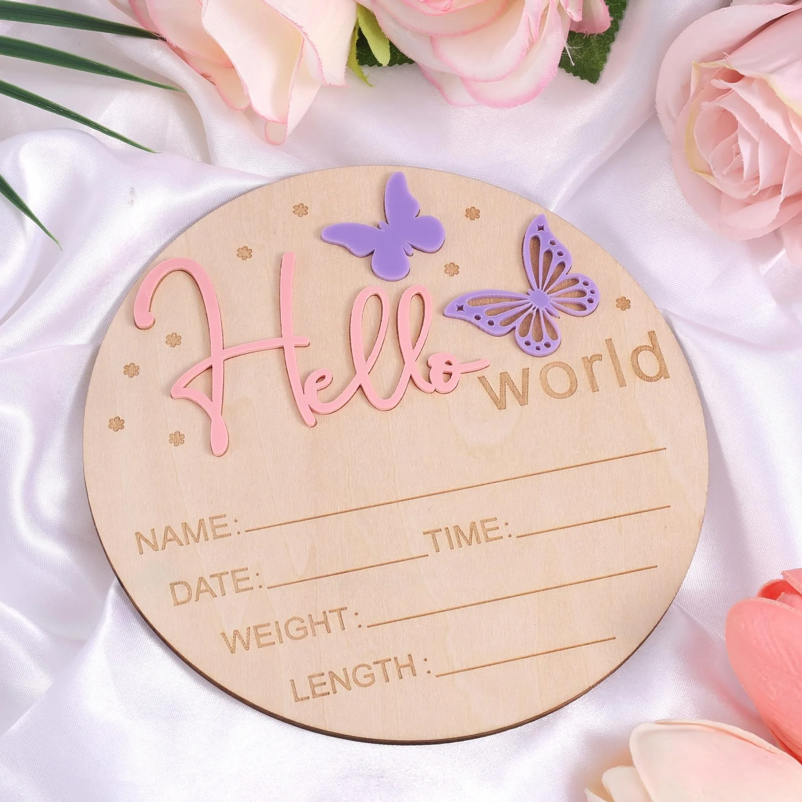 lasuroa Znak Ogłoszenia Dziecka, 15cm Drewniany Hello World Znak Powitalny Noworodka Tabliczki z Imieniem Dziecka na Baby Shower Szpitala Pokoju Dziecięcego na Prezent Fotograficzny (Motyl)